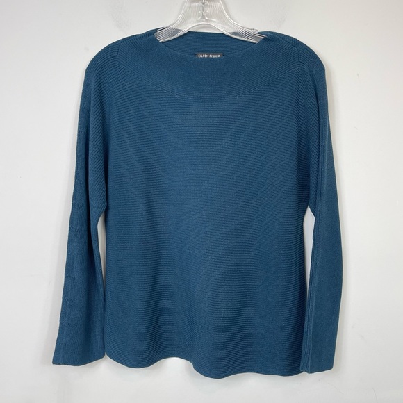 Eileen Fisher Funnel Neck Silk & Organic Cotton Pullover Sweater In Teal XXS - Picture 6 of 13
